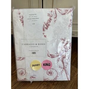 Cabbages & Roses King Duvet Set Floral Toile - Berry 100% Cotton NEW